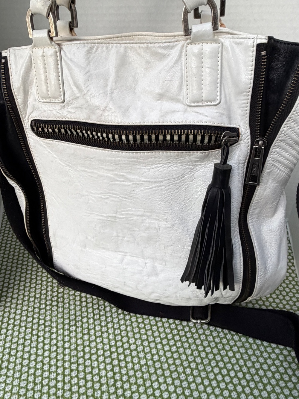 LAMB soft White and Black Leather Tote with Tassel Accent